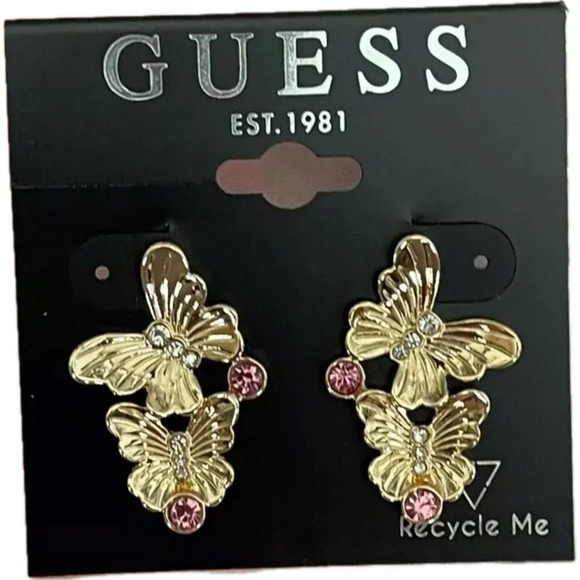 Guess Double Linear Butterfly Gold Pink Accent Crystal Bullet Post Earrings - Picture 2 of 4